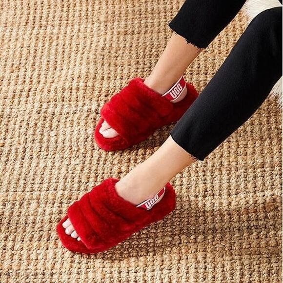 UGG Australia Shoes - UGG Fluff Yeah Slide Ribbon Red Sheepskin Women’s Size 10